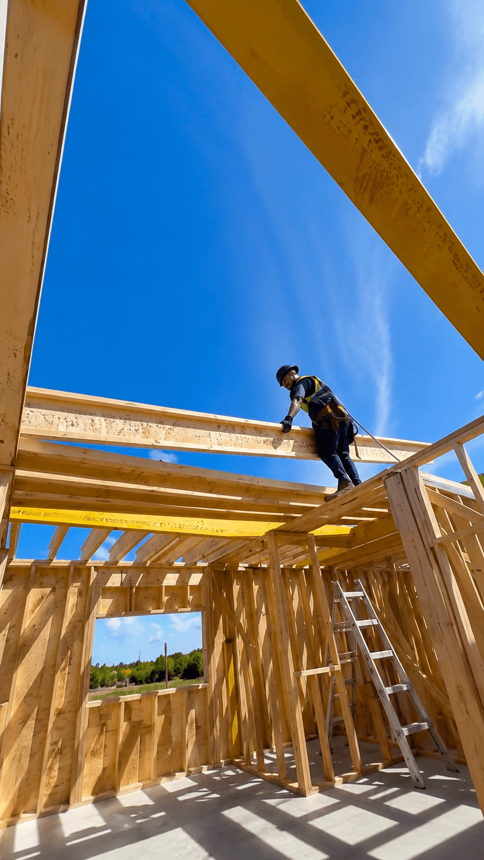Crew member setting a roof beam on a framed structure