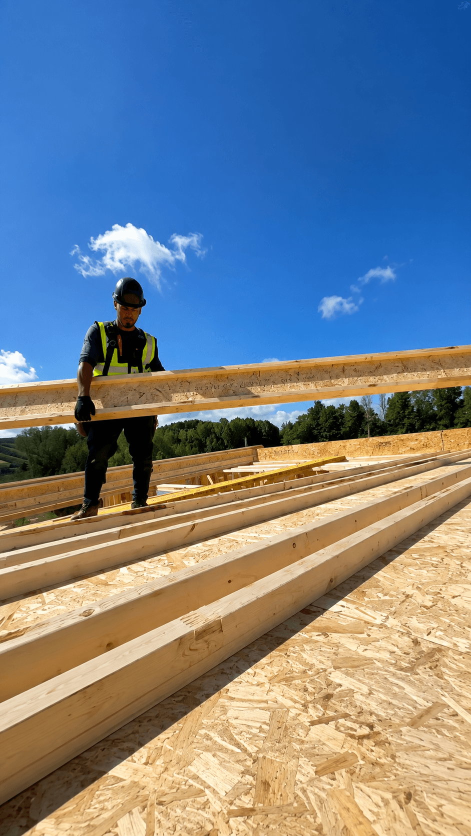 Crew member walking roof trusses on a new build